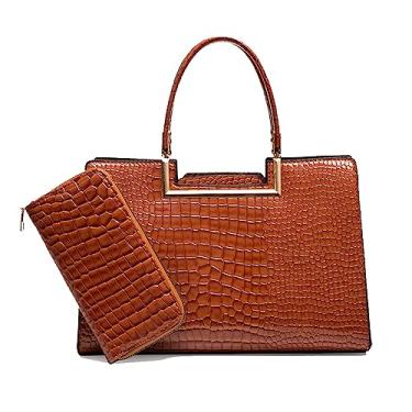 Imagem de Bolsa tiracolo com alça superior para mulheres com zíper estampa de crocodilo bolsa de couro feminina bolsa clutch, Marrom