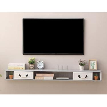 Imagem de StrOux Armário flutuante para TV, projetores e consoles de jogos, armários de TV montados na parede de madeira com duas gavetas, adequado para sala de estar Hello
