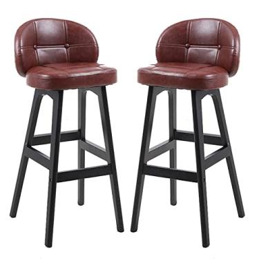 Imagem de Cadeiras de jantar cadeiras de sala de jantar banquetas de bar de metal de couro PU conjunto de 2, banquetas de bar industriais com encosto e apoio para os pés de madeira, banqueta de bar sem braço para cozinha bistrô pub jantar