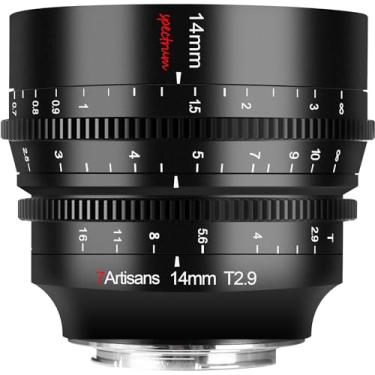 Imagem de 7artisans 14 mm T2.9 abertura grande, curso de foco de 270°, lente cinética de espectro ultra grande angular de 114° de armação completa compatível com Sony A7 Series A7R A75 A7SII A9 A7C A1