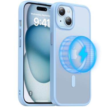 Imagem de Meifigno Série Magic Mag projetada para iPhone 15, [proteção de grau militar e compatível com MagSafe], parte traseira fosca translúcida com chaves de liga de alumínio para capa de telefone iPhone 15, azul