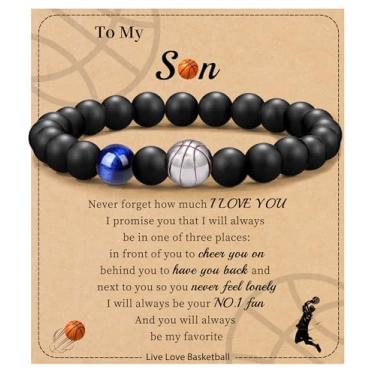 Imagem de Futebol Beisebol Basquete Presentes de Futebol Masculino Pulseiras com Contas Natural Olho de Tigre Pulseira Masculina Aniversário Presentes de Formatura para Filho Neto Bônus Filho Namorado Irmão,