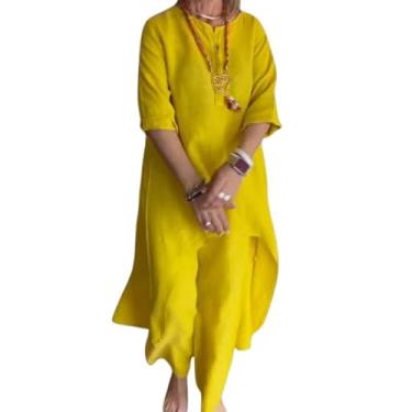 Imagem de Conjunto casual de 2 peças para mulheres, roupa maxi de linho de manga comprida, calça de perna larga, conjunto de roupa de treino combinando de linho de verão, Amarelo, XX-Large