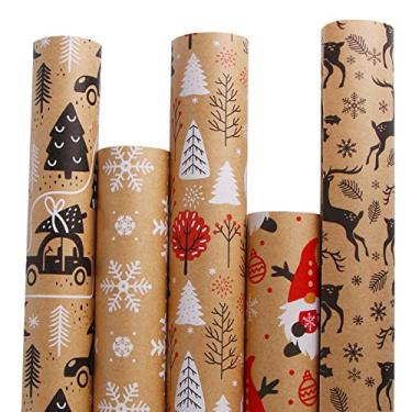 Imagem de KIMOBER 5 rolos de papel de embrulho de Natal, papel kraft marrom com elementos de Natal e linhas cortadas no verso (43 x 299 cm por rolo)