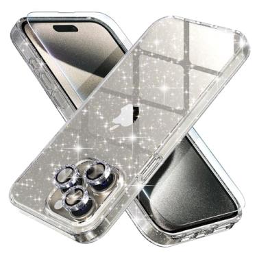 Imagem de Choiche Capa feminina compatível com iPhone 15 Pro, capa brilhante brilhante com glitter, [3 protetores de lente de câmera de diamante] [2 protetores de tela de vidro temperado] 6,1 polegadas (glitter transparente)