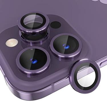 Imagem de [3+1] Capa protetora de lente de câmera para iPhone 14 Pro/iPhone 14 Pro Max, película de vidro temperado 9H para câmera de vidro temperado acessórios de decoração de anel de metal (roxo escuro)