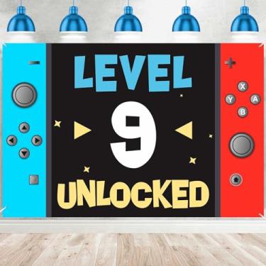Imagem de Level 9th Unlocked Happy 9th Birthday Level Up Banner Background Photo Booth Props Video Game Tema Juvenil Decoração para Meninos Meninas 9º Aniversário Festa de Aniversário Lembranças de Chá de Bebê