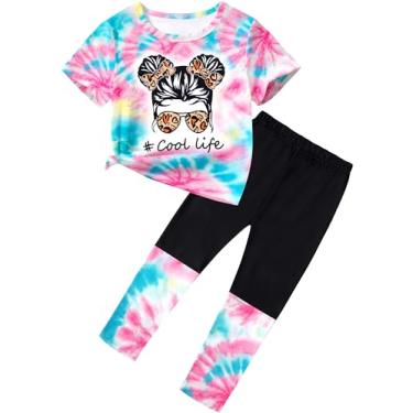 Imagem de DONWEN Roupas para meninas, roupas tie dye, 2 peças, blusa gráfica de manga curta, calça longa, roupas de verão para meninas, Tie Dye multicolorido 2, 5-6 Anos