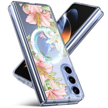 Imagem de JUNAUTTB Capa para Samsung Galaxy Z Fold5 5G compatível com magnético, design de padrão floral moderno transparente, bumper slim fit durável para meninas, capa de telefone feminina 19.3 cm, flor de