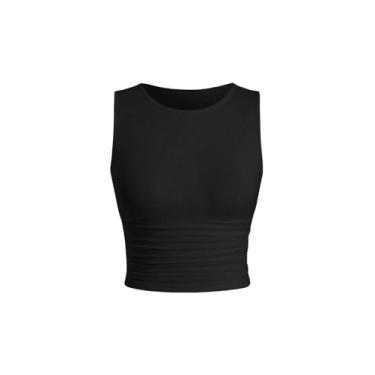 Imagem de SOLY HUX Camiseta regata feminina de verão, sem mangas, gola redonda, básica, justa, franzida, Preto liso, P