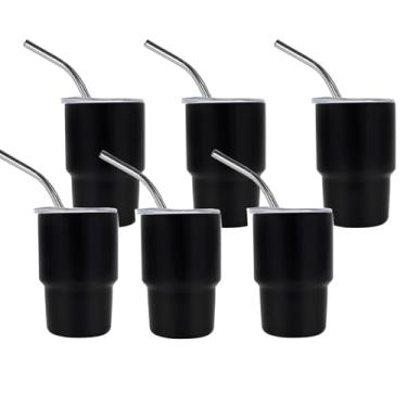 Imagem de linsuo Conjunto de mini copos de shot de 85 g, com canudo e tampa de sublimação dupla de aço inoxidável, mini canecas de café isoladas para bares, uísque, chá (6 peças - preto), LS-0001