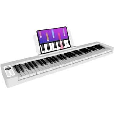 Imagem de Piano dobrável Piano elétrico portátil tamanho real grão de madeira sensível ao toque 61 teclas piano digital recarregável com alto-falante Bluetooth MIDI para iniciantes, branco