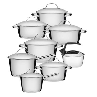 Imagem de Jogo de Panelas 7 Peças + Chaleira Allegra em Aço Inox Fundo Triplo Tramontina