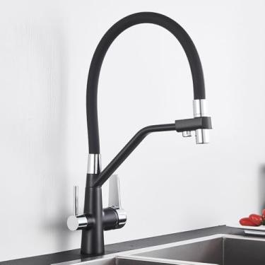 Imagem de Torneira de cozinha com filtro, torneira purificadora de latão dourado escovado, torneira de água potável, misturador de pia, cromado preto