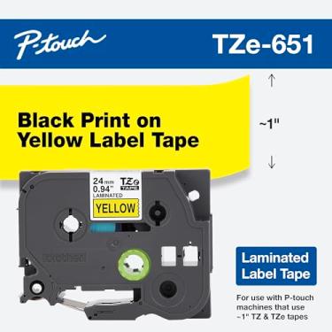 Imagem de Brother Fita P-Touch TZE-651 genuína, fita P-Touch laminada padrão de 1" (24 mm), preta em amarelo, para uso interno ou externo, resistente à água, 8 m, pacote único, TZE651, 24 mm