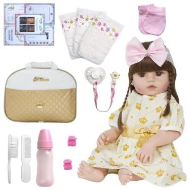 Imagem de Bebe Tipo Reborn Menina Cabelos Castanhos + Enxoval Completo - Cegonha