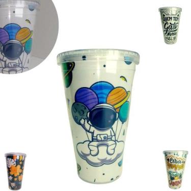 Imagem de Copo 500ml C/ Tampa E Canudo Acrílico Estampas Cores Cristal - C3b