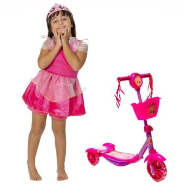 Imagem de Kit Patinete de Cestinha para Crianças e Fantasia Princesa - DM Toys