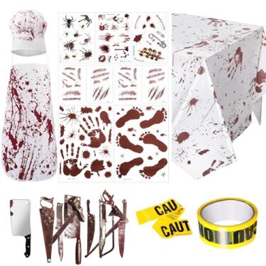 Imagem de Conjunto assustador de fantasias de Halloween, 15 peças, avental de cozinheiro, chapéu, faca, guirlanda, capa de mesa, adesivos de tatuagem, fita de advertência, impressão à mão, adesivos de pé
