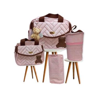Imagem de Kit Bolsa Maternidade Rosa com Caramelo Menina Urso Bebê  Nenê  Mamãe 