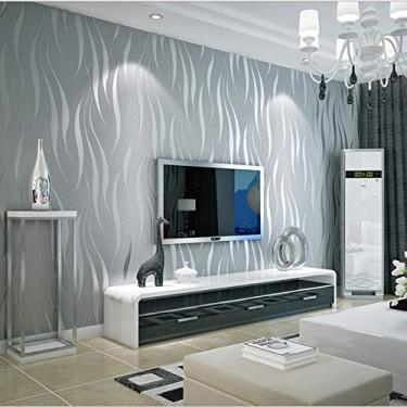 Imagem de Papel de parede simples elegante não tecido 3D em relevo tridimensional flocagem espuma listras quarto sala de estar TV fundo parede loja decoração 51 cm L x 1000 cm C não colado (cinza prata)