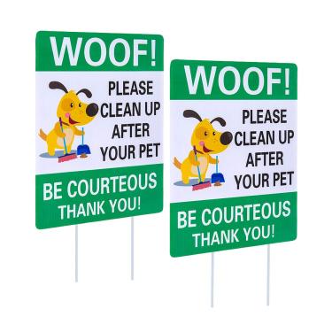 Imagem de WaaHome Pacote com 2 placas de dois lados Woof Please Clean Up After Your Pet Yard com fio de metal H-Stakes, 20 x 30 cm Funny No Poop Pee Dog Yard Sign Gramado