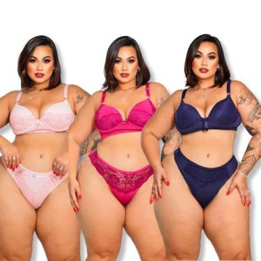 Imagem de Kit 4 Conjuntos Calcinha e Sutiã Plus Size Fio Dental Rendal - Luega L