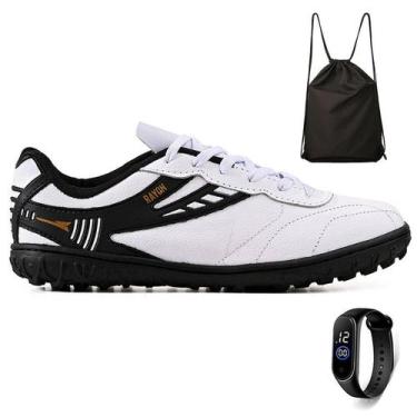 Imagem de Kit Chuteira Futebol Society Couro Campo Grama Sintetica + Mochila + R