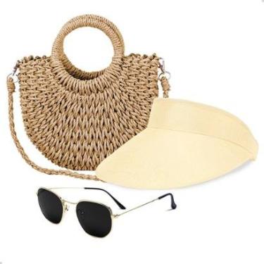 Imagem de Kit Bolsa de Palha Feminina + Viseira Solar e Óculos de Sol Verão Piscina Moda Praia-Feminino
