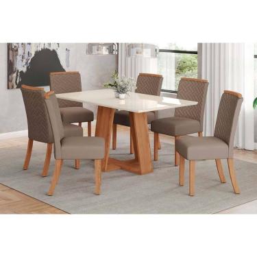 Imagem de Conjunto: Mesa Sala Jantar Lins c/ Tampo Madeirado c/ Vidro 160x90cm e 6 Cadeiras Malu Nature/Suede Light Marrom Amendoa - Henn