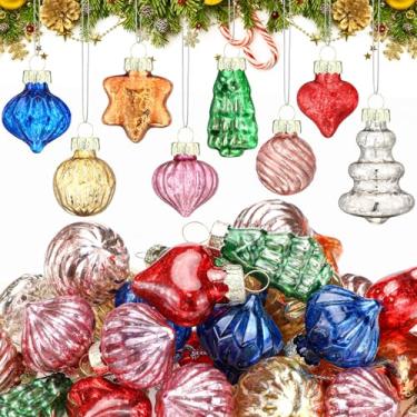 Imagem de Capoda 32 peças de enfeites de Natal vintage de 3,5 cm, enfeites de Natal de vidro antigo, decorações de Natal vintage, mini bolas de Natal, ornamentos de árvore de Natal retrô para o Natal (forma