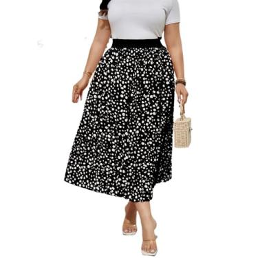 Imagem de KOJOOIN Saia plissada plus size plus size saia elástica cintura boho saias midi plus size para mulheres curvilíneas, Pontos pretos, 3G