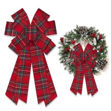 Imagem de LANGFON Grande laço de guirlanda de Natal para decoração de Natal, laço xadrez vermelho e verde de serapilheira para grinalda, enfeite de árvore de Natal para decoração de festa na porta da frente,