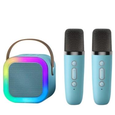 Imagem de Microfone Karaoke Bluetooth com 2 Microfones Sem Fio Portátil Recarregável Com Modos de Voz Led Para Criança e Adulto (Azul)