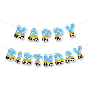 Imagem de Banner de feliz aniversário de história de desenho animado, pré-corda céu azul e nuvem branca vaca aniversário faixa de brinquedo inspirado na história decoração de aniversário para decoração de festa