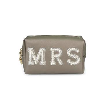 Imagem de owiter Mrs Cosmetic Bolsa grande - Remendo branco Varsity Letter MRS Higiene Pessoal Big Bag Pérola Strass Letras Remendos Grande Maquiagem Bolsa PU CB002, Prata, Casamento