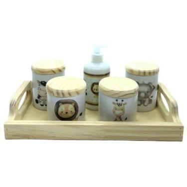 Imagem de Kit higiene bebê Safari 6 peças - Bandeja, potes, porta álcool - Peças