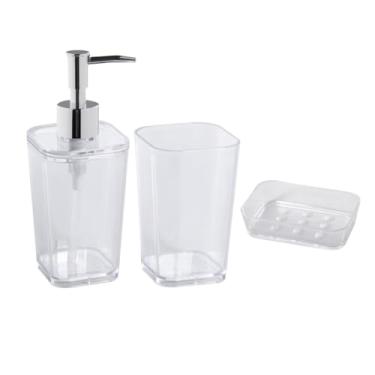 Imagem de Kit Banheiro Lavabo 3 Peças Porta Escova Dente Sabonete Líquido Saboneteira (Transparente)