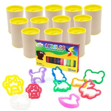 Imagem de Kit 12 Cofres Papelão 36 Cortadores Formato Animais 2 Caixas de Massinha Modelar Lembrancinhas Aniversário Mundo Animal Pet (Cofre Amarelo)