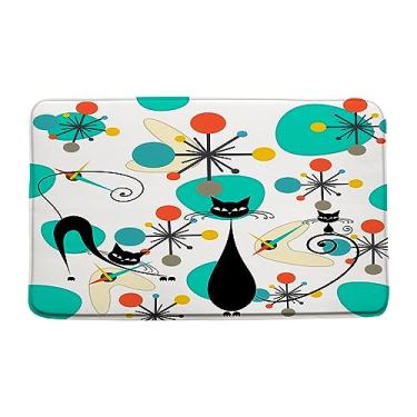 Imagem de LAEDCIITI Tapete de banheiro preto de meados do século, azul-petróleo laranja moderno, geométrico, atômico, tapete de banheiro, retrô, anos 50, 60, vintage, capacho absorvente, quarto, banheiro,