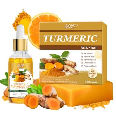 Imagem de BASSI Conjunto De 2 Peças De Sabão De Cúrcuma E Óleo De Cúrcuma, Sabonete Artesanal Natural De 3,53 Onças Para Limpeza Facial E Corporal, Óleos Essenciais De Cúrcuma De 1 Fl.Oz Com Vitamina C E E Pa