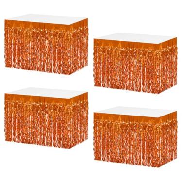 Imagem de MZJU Saias de mesa 4P onduladas metálicas com franjas para mesas retangulares, cortinas de guirlanda, para desfile, boias, casamentos, festas de aniversário, Halloween, Natal (laranja)