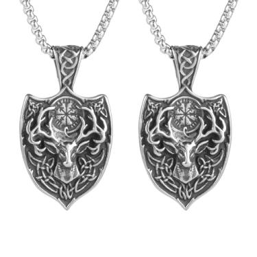Imagem de Colar masculino gótico punk hip hop rock tribo viking natal dupla face 3D escudo cabeça de veado, aço inoxidável 316L, corrente de pérola quadrada de aço inoxidável prata, joia retrô talismã,