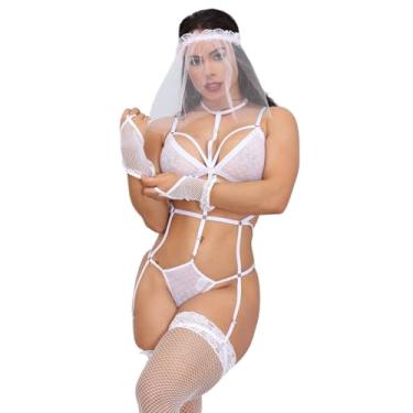 Imagem de Fantasia Noiva Lua De Mel Sexy Lingerie Feminina Noivinha Sensual Completa Com Véu e Luvas Chá de de Langerie (Branco, Único)