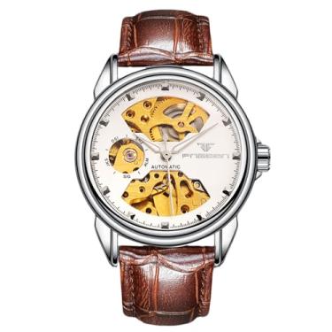 Imagem de RORIOS Relógios mecânicos para casais masculino e feminino relógio de pulso automático de aço inoxidável minimalista relógio de pulso com corda automática relógio esqueleto luminoso branco marrom B,