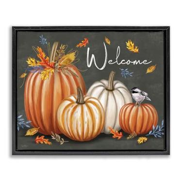 Imagem de Stupell Industries Arte de parede em tela emoldurada Welcome with Autumnal Pumpkins Black Floater por Elizabeth Tyndall, 53 x 43 cm