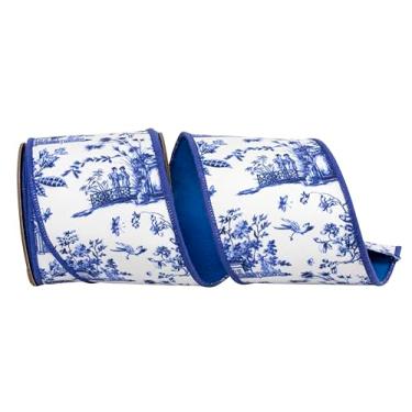 Imagem de Reliant Ribbon Fita de borda com fio Asian Vista Chinoiserie Deluxe, branca/azul
