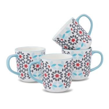 Imagem de Lorren Home Trends Canecas de café florais com alça azul, padrão de flor cinza e vermelha, xícaras de chá de porcelana óssea, conjunto de 4