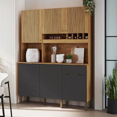 Imagem de Cozinha Compacta com 6 Portas 1 Gaveta e Mini Adega Cm 100% Mdf Croácia Espresso Móveis Amêndoa/Cinza