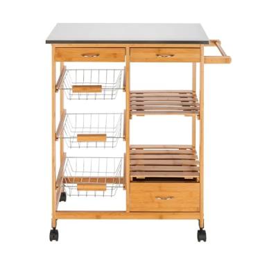 Imagem de Carrinho de Armazenamento Carrinho de cozinha móvel com tampo de mesa de aço inoxidável, três gavetas e três cestas, carrinho de cozinha, organizador de cozinha de jantar Carrinho de Armazenamento